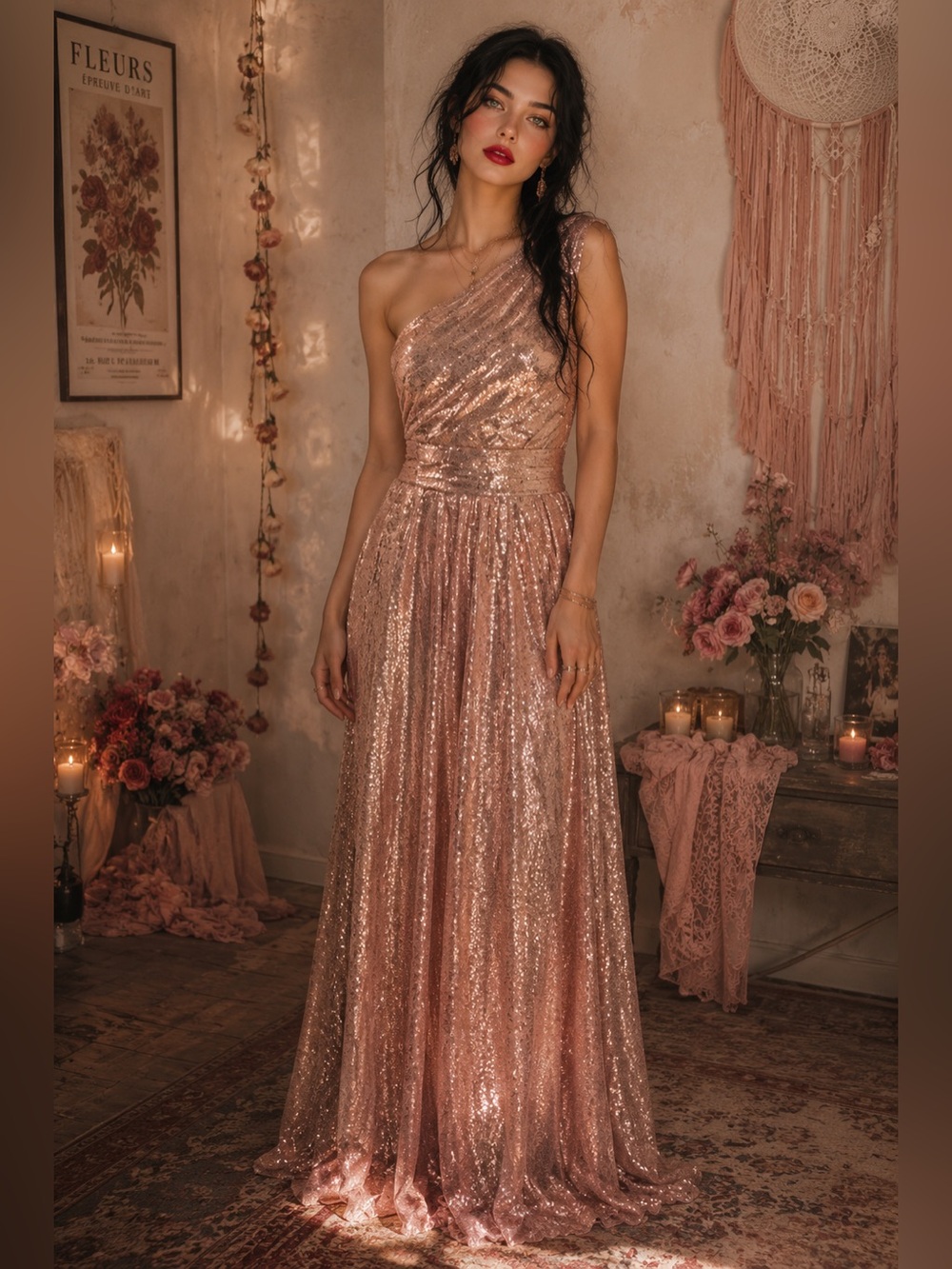 One-Shoulder Rose Gold Sequin Evening Gown